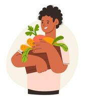 un granjero hombre con un cesta de vegetales en su manos. vegano alimento. cosecha. plano vector lustración