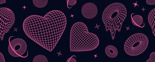 Retro Y2K seamless pattern with techno shapes and 3d wireframes, grids, geometric forms, pink neon crazy design elements in 2000s aesthetic style. vector