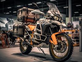 Adventure Motorcycle exhibition. Generative AI photo