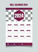 Wall Calendar 2024 Template Design. One Page Calendar. 12 Months Calendar. Week starts on Sunday vector