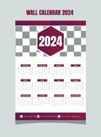 Wall Calendar 2024 Template Design. One Page Calendar. 12 Months Calendar. Week starts on Sunday vector