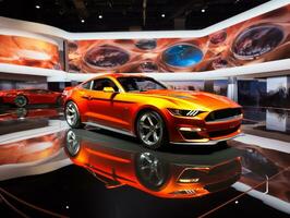 Ford Mustang exhibition. Generative AI photo