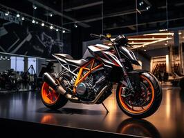 ktm 1290 súper duque r exhibición. generativo ai foto