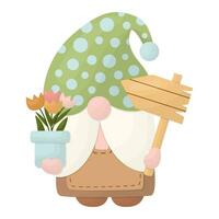 A garden gnome with a pot of tulips and a wooden sign. Vector illustration.