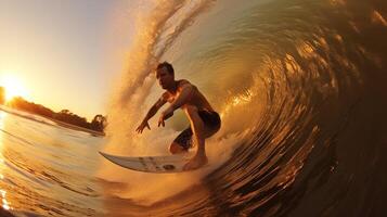 Surfers catching waves. Generative AI photo