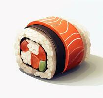 Cartoon Sushi roll is shown on a white background. Top view. AI Generative photo