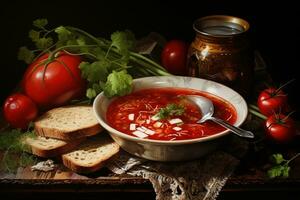 Traditional Ukrainian borscht . Bowl of red beetroot soup borscht with white cream. Traditional Ukrainian food cuisine AI Generative photo