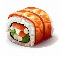 Cartoon Sushi roll is shown on a white background. Top view. AI Generative photo