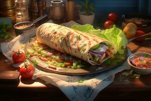 Traditional shawarma. Chicken meat, vegetables and salad are wrapped in pita bread.  Side view AI Generative photo