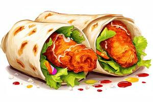 Traditional cartoon shawarma isolated on white background. Chicken meat, vegetables and salad are wrapped in pita bread.  Side view AI Generative photo