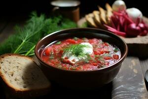 Traditional Ukrainian borscht . Bowl of red beetroot soup borscht with white cream. Traditional Ukrainian food cuisine AI Generative photo