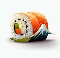 Cartoon Sushi roll is shown on a white background. Top view. AI Generative photo