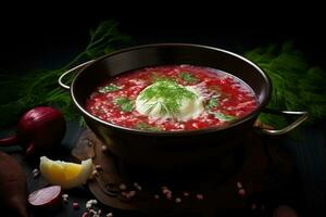 tradicional ucranio sopa de remolacha . cuenco de rojo raíz de remolacha sopa sopa de remolacha con blanco crema. tradicional ucranio comida cocina ai generativo foto