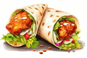 Traditional cartoon shawarma isolated on white background. Chicken meat, vegetables and salad are wrapped in pita bread.  Side view AI Generative photo