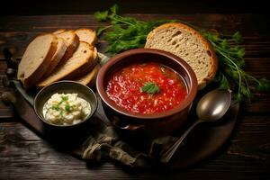 Traditional Ukrainian borscht . Bowl of red beetroot soup borscht with white cream. Traditional Ukrainian food cuisine AI Generative photo