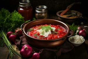 tradicional ucranio sopa de remolacha . cuenco de rojo raíz de remolacha sopa sopa de remolacha con blanco crema. tradicional ucranio comida cocina ai generativo foto