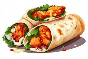 Traditional cartoon shawarma isolated on white background. Chicken meat, vegetables and salad are wrapped in pita bread.  Side view AI Generative photo