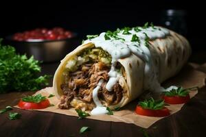 Shawarma. Meat, vegetables and salad are wrapped in pita bread.  Side view AI Generative photo
