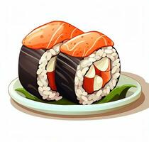 Cartoon Sushi roll is shown on a white background. Top view. AI Generative photo