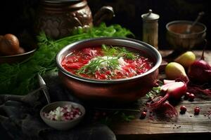 Traditional Ukrainian borscht . Bowl of red beetroot soup borscht with white cream. Traditional Ukrainian food cuisine AI Generative photo