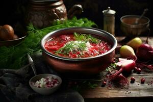 tradicional ucranio sopa de remolacha . cuenco de rojo raíz de remolacha sopa sopa de remolacha con blanco crema. tradicional ucranio comida cocina ai generativo foto