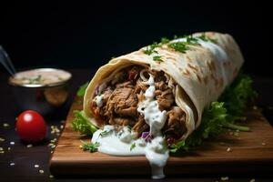 Shawarma. Meat, vegetables and salad are wrapped in pita bread.  Side view AI Generative photo