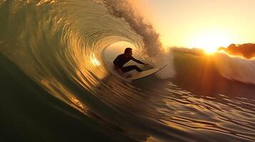 Surfers catching waves. Generative AI photo