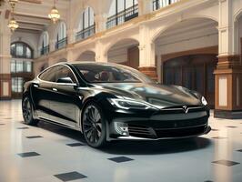 Tesla Model S exhibition. Generative AI photo