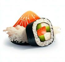 Cartoon Sushi roll is shown on a white background. Top view. AI Generative photo