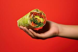 Hands hold Shawarma. Meat, vegetables and salad are wrapped in pita bread. Side view AI Generative photo