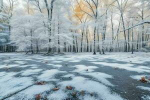 Frosty fallen leaves with shiny ice frost in snowy forest park. background. AI Generative Pro Photo