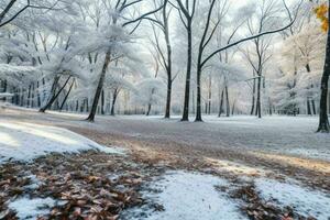 Frosty fallen leaves with shiny ice frost in snowy forest park. background. AI Generative Pro Photo