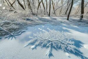 Frosty fallen leaves with shiny ice frost in snowy forest park. background. AI Generative Pro Photo