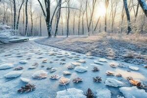 Frosty fallen leaves with shiny ice frost in snowy forest park. background. AI Generative Pro Photo