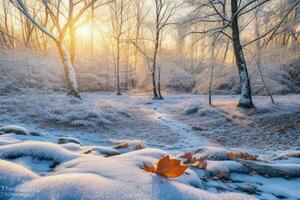 Frosty fallen leaves with shiny ice frost in snowy forest park. background. AI Generative Pro Photo