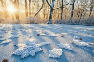 Frosty fallen leaves with shiny ice frost in snowy forest park. background. AI Generative Pro Photo