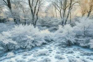 Frosty fallen leaves with shiny ice frost in snowy forest park. background. AI Generative Pro Photo