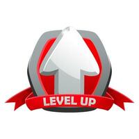 Game silver level up badge and win icon, shield banner of completed level, vector UI sign. Level up icon with a silver shield with a red ribbon for gamer mission completed next level achievement.