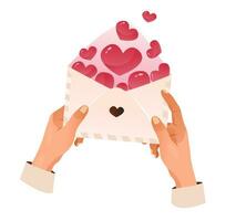 Hands holding an envelope with hearts. Sending a message with love. Cartoon vector illustration