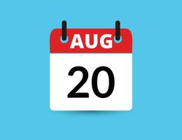 August 20. Flat icon calendar isolated on blue background. Date and month vector illustration