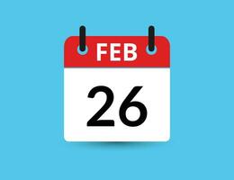 February 26. Flat icon calendar isolated on blue background. Date and month vector illustration