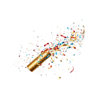 Party cracker with gold confetti, ribbon. Holiday carnival popper exploding serpentine salute. Birthday party,  ai generative png