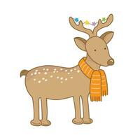 Deer with scarf and holiday decorations on horns. Christmas vector illustration. Cute and funny animal for children new year print or greeting card. Hand drawn doodle style.