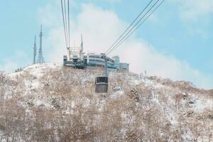 Beautiful landscape and cityscape from Hakodate Mountain with Snow in winter season. landmark and popular for attractions in Hokkaido, Japan.Travel and Vacation concept photo