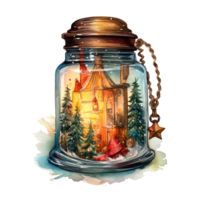 Watercolor Christmas Glass Jar Magic Night Xmas. AI Generated. png