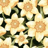 A blossoming bud of a yellow flower daffodil with petals on a stem. Vector cartoon seamless floral pattern.