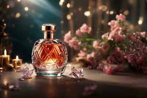 Ai generated Perfume bottle mockup with flower background photo