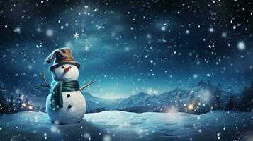 snowman in snowy winter night with beautiful blue sky background for festive holiday decoration. generative Ai photo