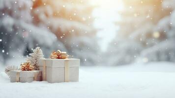 gift boxes on white snow with blur pine forest in winter background. generative AI photo
