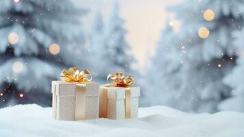 gift boxes on white snow with blur pine forest in winter background. generative AI photo